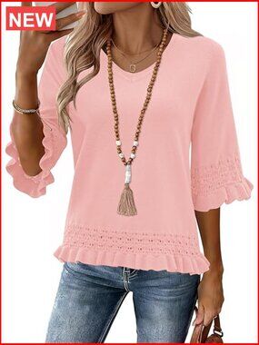 Women's 3/4 Sleeve V-Neck Peplum Sweater Top Cute Crop Knit Business Casual
